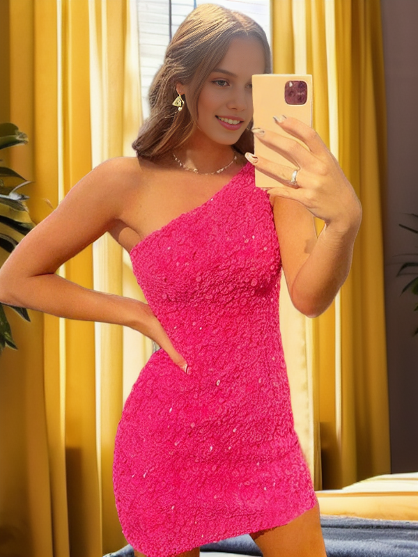 Sheath One-Shoulder Sequin Short/Mini Velvet Sequins Dress