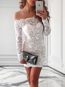 Sheath Off-the-Shoulder Long Sleeves Appliques Lace Short/Mini Lace Dress