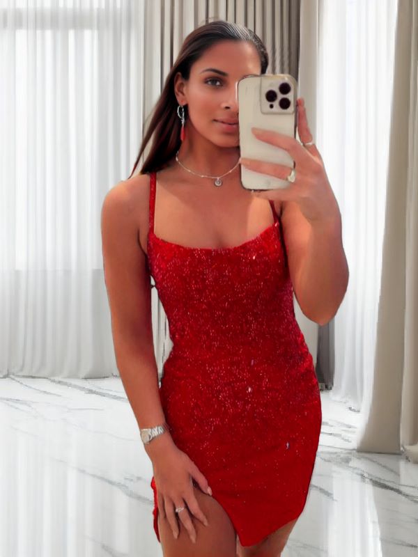 Sheath Spaghetti Straps Sequin Short/Mini Dress