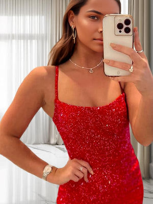 Sheath Spaghetti Straps Sequin Short/Mini Dress