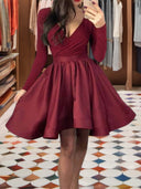 A-line V-neck Long Sleeves Ruffles Short/Mini Satin Dress