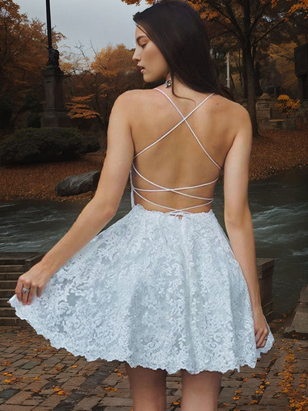 A-line Spaghetti Straps Appliques Lace Short/Mini Lace Dress