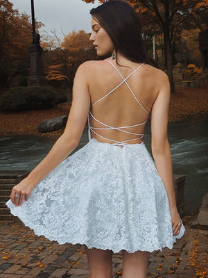 A-line Spaghetti Straps Appliques Lace Short/Mini Lace Dress