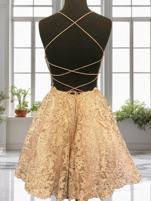 A-line Spaghetti Straps Appliques Lace Short/Mini Lace Dress