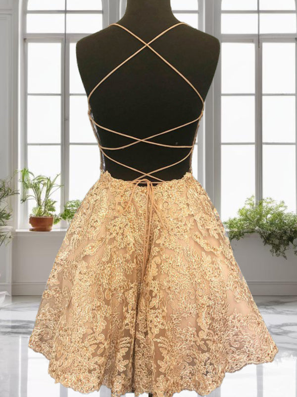 A-line Spaghetti Straps Appliques Lace Short/Mini Lace Dress