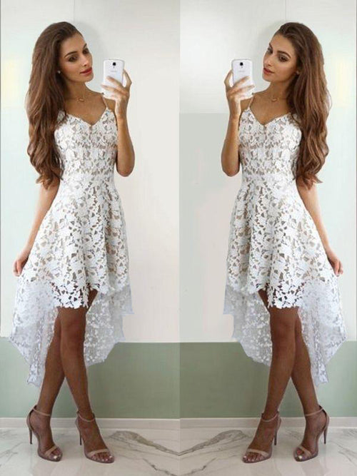 A-line Spaghetti Straps Ruffles Short/Mini Lace Dress