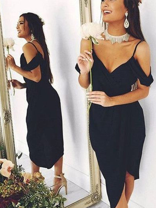 Sheath Spaghetti Straps Pleated Asymmetrical Stretch Crepe Dress