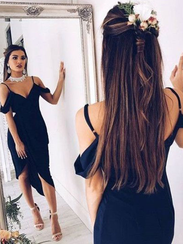 Sheath Spaghetti Straps Pleated Asymmetrical Stretch Crepe Dress