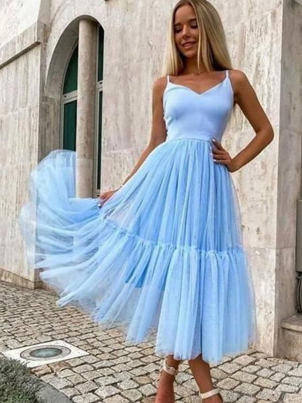 A-line V-neck Ruffles Tea-Length Tulle Dress