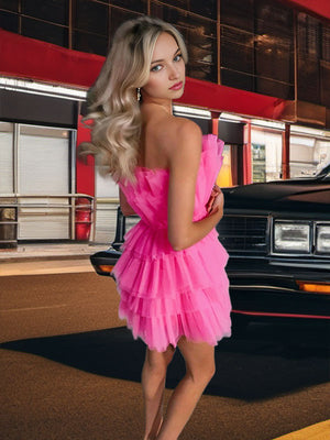 A-line Strapless Cascading Ruffles Short/Mini Tulle Dress