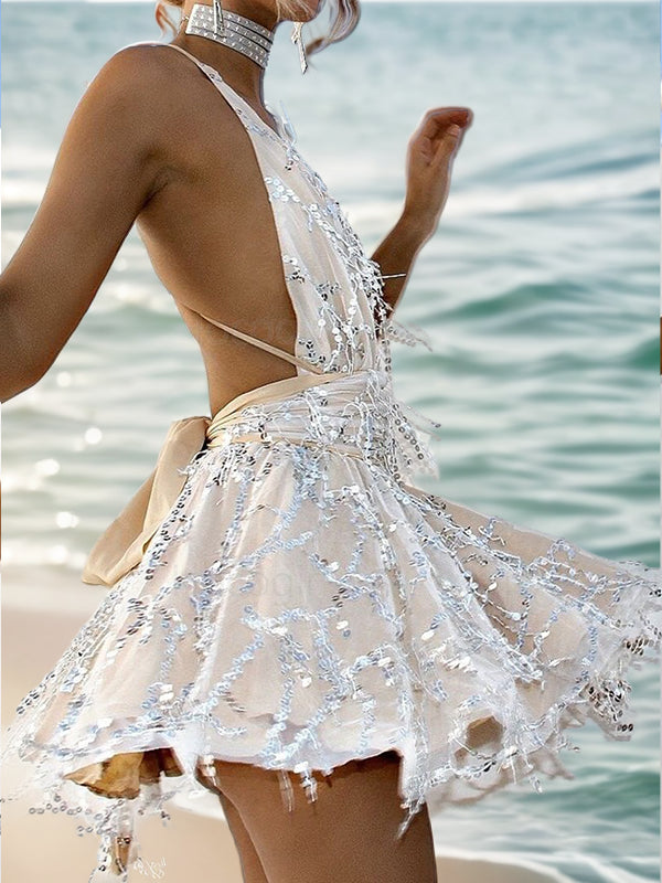 A-line Halter Ruffles Short/Mini Dress