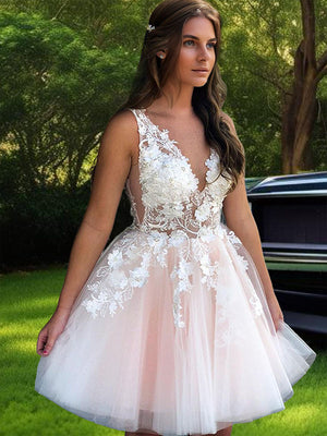 A-line V-neck Ruffles Short/Mini Tulle Dress