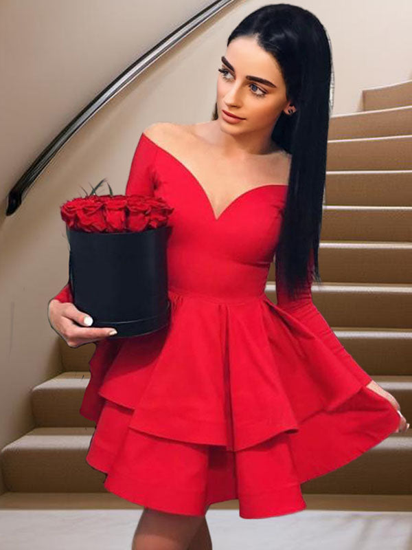 A-line Off-the-Shoulder Long Sleeves Cascading Ruffles Short/Mini Stretch Crepe Dress