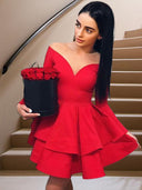 A-line Off-the-Shoulder Long Sleeves Cascading Ruffles Short/Mini Stretch Crepe Dress