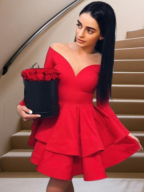 A-line Off-the-Shoulder Long Sleeves Cascading Ruffles Short/Mini Stretch Crepe Dress