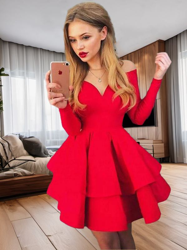 A-line Off-the-Shoulder Long Sleeves Cascading Ruffles Short/Mini Stretch Crepe Dress