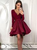 A-line V-neck Long Sleeves Ruffles Short/Mini Satin Dress