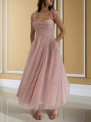 A-line Spaghetti Straps Ruffles Ankle-Length Dress