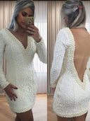 A-line V-neck Long Sleeves Beading Short/Mini Lace Dress