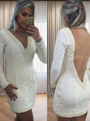 A-line V-neck Long Sleeves Beading Short/Mini Lace Dress