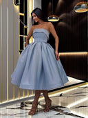 Ball-Gown Strapless Ruffles Tea-Length Satin Dress