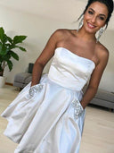A-line Strapless Ruffles Short/Mini Satin Dress