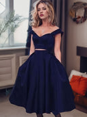 A-line Off-the-Shoulder Ruffles Tea-Length Satin Dress