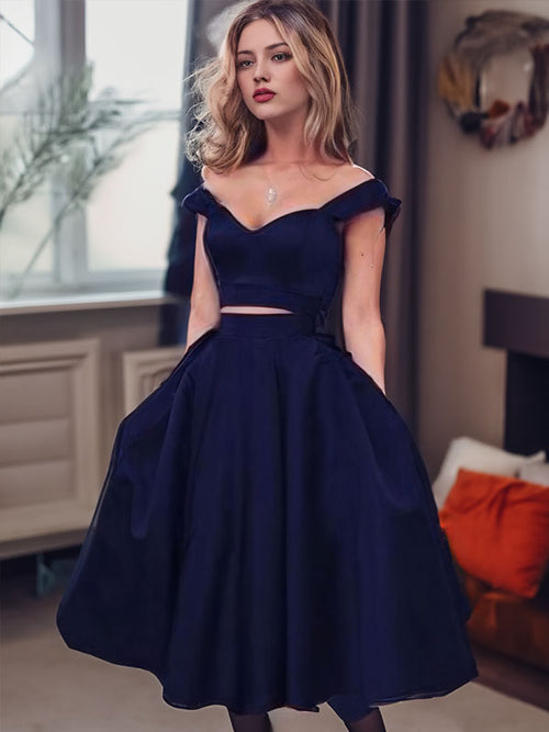 A-line Off-the-Shoulder Ruffles Tea-Length Satin Dress