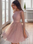 A-line Scoop 3/4 Sleeves Ruffles Short/Mini Dress