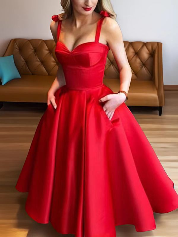 A-line Straps Ruffles Tea-Length Satin Dress