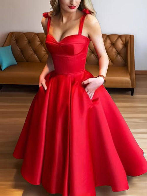 A-line Straps Ruffles Tea-Length Satin Dress