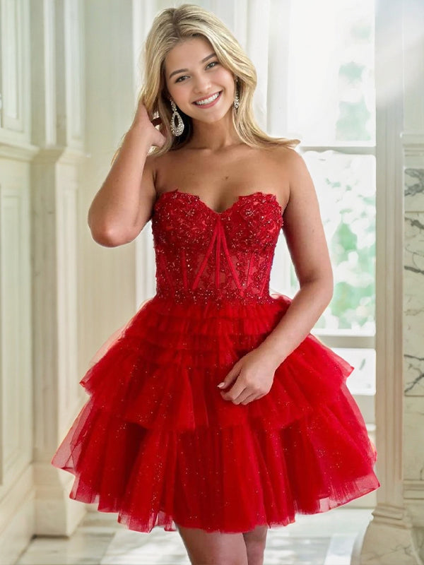 A-line Sweetheart Appliques Lace Short/Mini Tulle Corset Dress