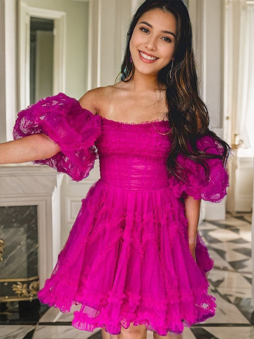 A-line Straight Short Sleeves Ruffles Short/Mini Tulle Corset Dress