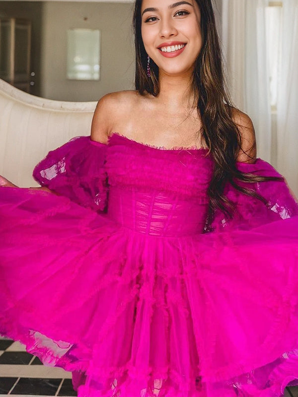 A-line Straight Short Sleeves Ruffles Short/Mini Tulle Corset Dress