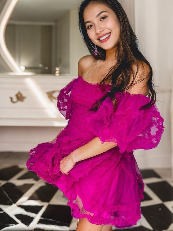 A-line Straight Short Sleeves Ruffles Short/Mini Tulle Corset Dress