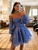 A-line Sweetheart Long Sleeves Appliques Lace Short/Mini Lace Corset Dress