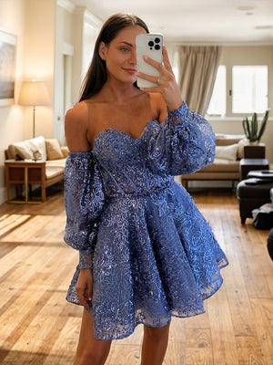 A-line Sweetheart Long Sleeves Appliques Lace Short/Mini Lace Corset Dress