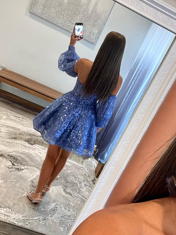 A-line Sweetheart Long Sleeves Appliques Lace Short/Mini Lace Corset Dress