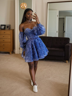 A-line Sweetheart Long Sleeves Appliques Lace Short/Mini Lace Corset Dress
