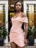 Sheath Off-the-Shoulder Pleated Short/Mini Silk Like Satin Dress