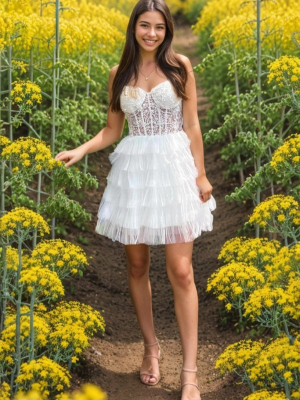 A-line Sweetheart Appliques Lace Short/Mini Tulle Corset Dress