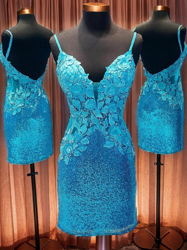 Sheath V-neck Appliques Lace Short/Mini Sequins Dress