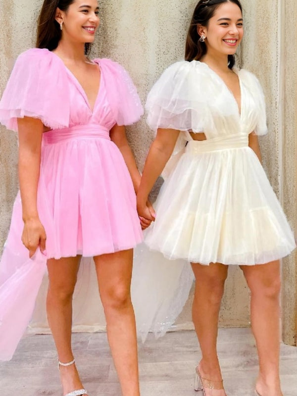 A-line V-neck Pleated Short/Mini Tulle Dress