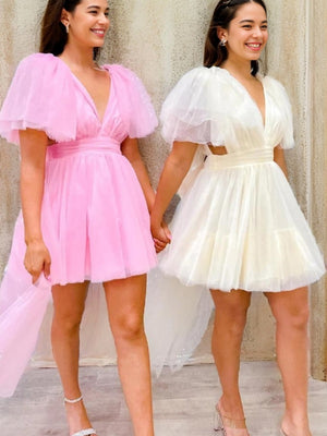 A-line V-neck Pleated Short/Mini Tulle Dress