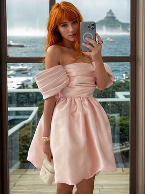 A-line Off-the-Shoulder Pleated Short/Mini Satin Dress