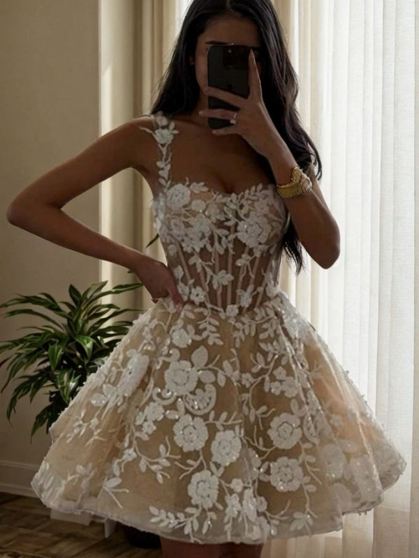 A-line Straps Sequin Short/Mini Lace Corset Dress