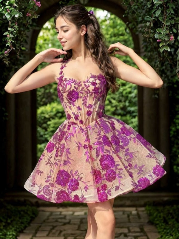 A-line Straps Sequin Short/Mini Lace Corset Dress