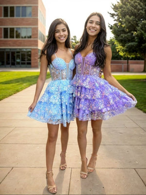 A-line Spaghetti Straps Cascading Ruffles Short/Mini Tulle Corset Dress