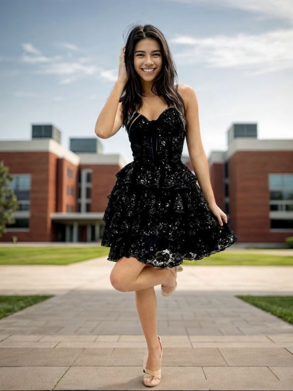 A-line Spaghetti Straps Cascading Ruffles Short/Mini Tulle Corset Dress