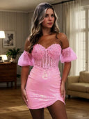 Sheath Sweetheart Short Sleeves Appliques Lace Short/Mini Sequins Corset Dress
